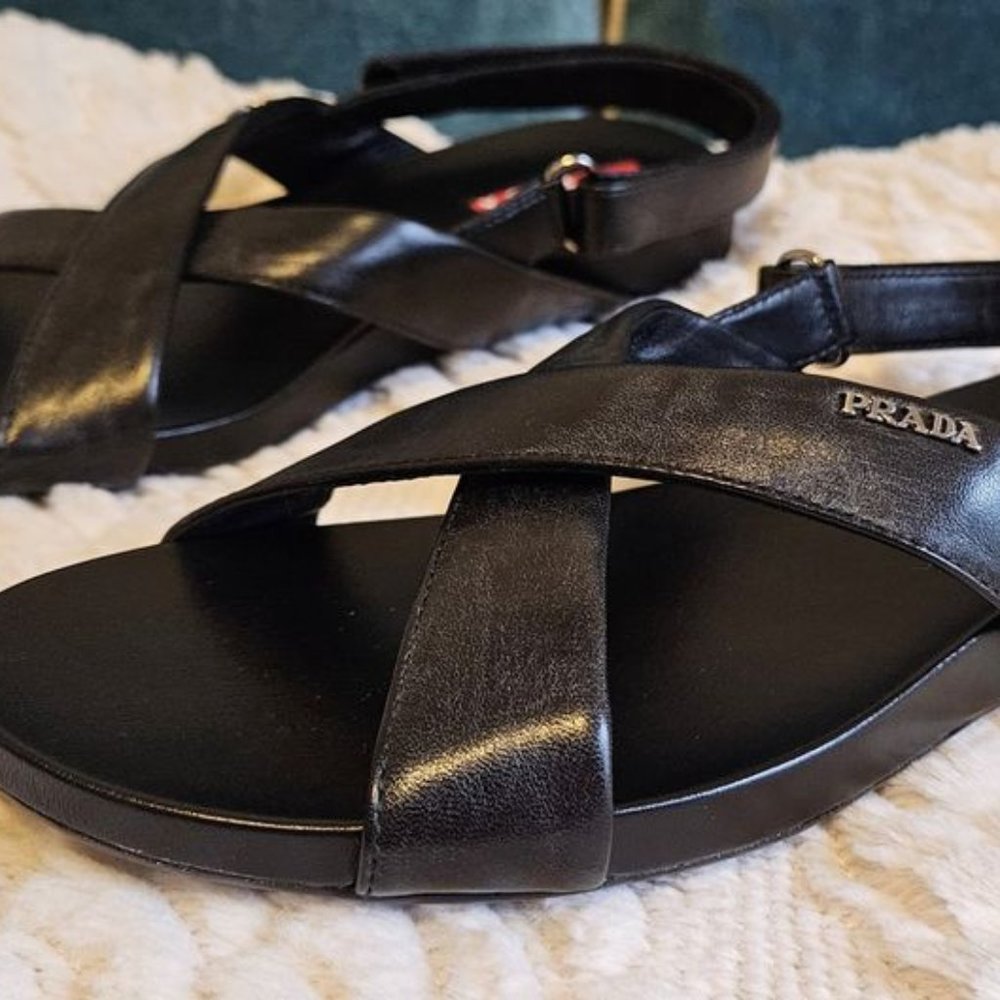 Prada Sport Leather Crossover Straps Flat Sandals